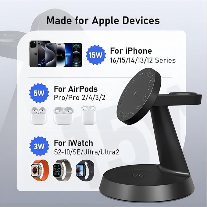 3 in 1 Wireless Charging Station for Apple, 15W Mag-Safe Charger Stand for iPhone17/16/15/14/13/12 Pro/Max/Plus/, Phone Charger Stand for Airpods 4/3/2, Wireless Charger for iWatch Series(Black)