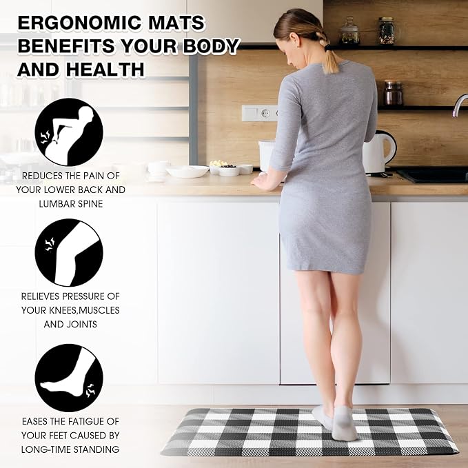 MAYHMYO Kitchen Mat Cushioned 1/2 Inch Thick Anti Fatigue Kitchen Rug Black and White Kitchen Floor Mat Non-Skid & Waterproof Kitchen Rug Comfort Standing Desk Mat for Home Office Sink