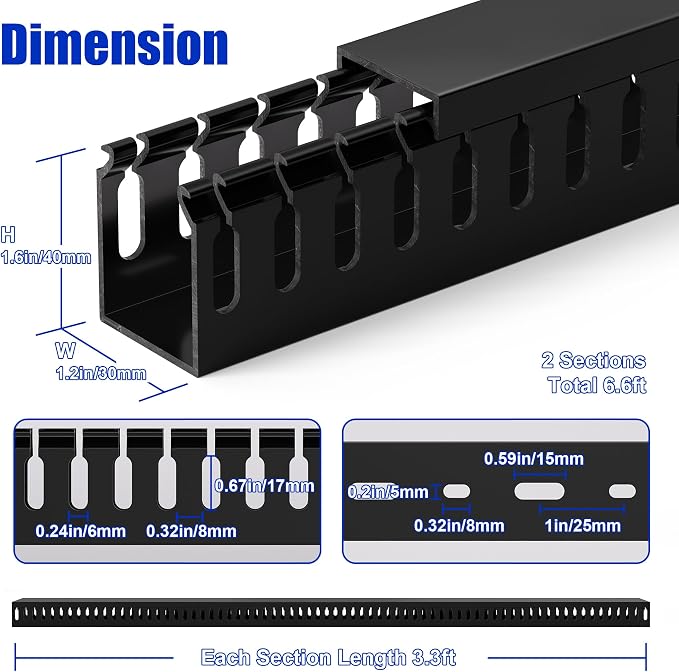 1.6"H x 1.2"W Cable Raceway, 6ft Under Desk Wire Management Channel, Black | Slotted Wire Duct, 2 Pack (3 ft Each), Heavy-Duty PVC Cable Management for Server Racks, Network Cables & Electrical Cabinets