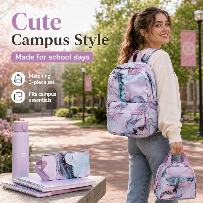 Bluboon Teens Backpack Set Girls School Backpack Lunch Box Pencil Bags Student Bookbags 3 in 1 (Green Marble)