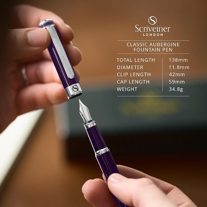Scriveiner Luxury Fountain Pen - Aubergine, Schmidt Gilded Nib (Fine), Converter, Best Pen Gift Set for Men & Women, Professional, Executive, Office, Nice Pens