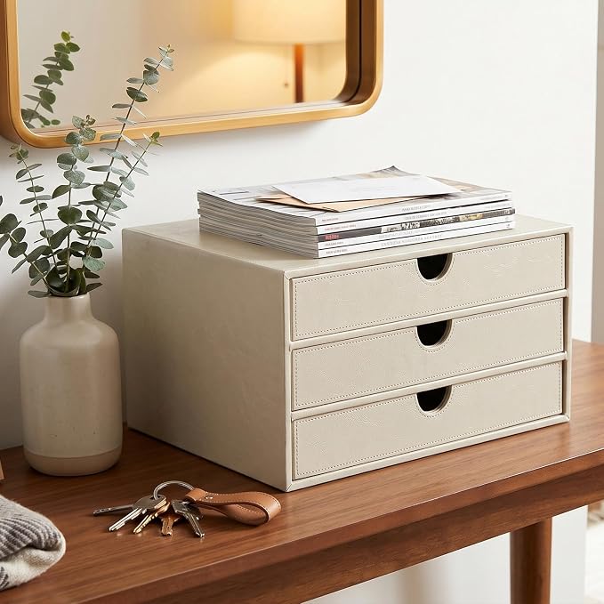UnionBasic Document Organizer, 3-Drawer File Cabinet Document Storage Box, Office Desktop Filing Organizer, Creamy White