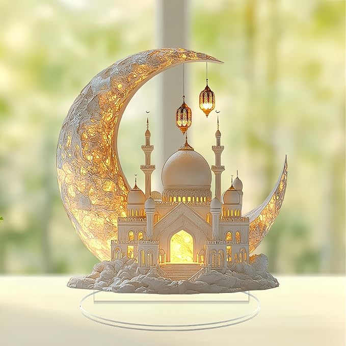 Ramadan Decorations for Home, Ramadan Gifts for Kids, Table Decor, Acrylic Desktop 2D Spray Painted Acrylic Crescent and White Palace Design (F)