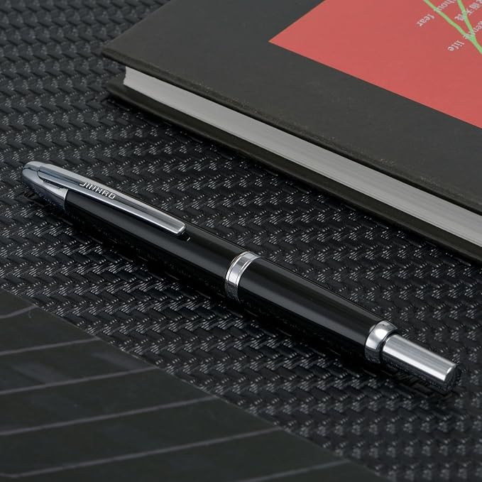 Jinhao 10 Press Fountain Pen with Box, Piano Black Retractable Extra Fine Nib with Ink Converter Set (Silver Clip)