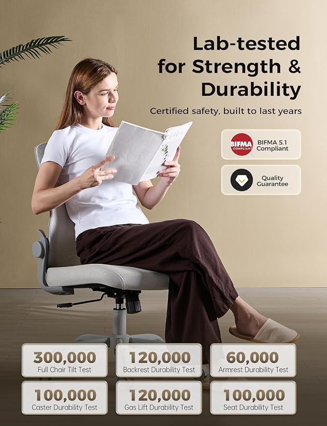Mesh Office Chair, Armless Ergonomic Desk Chair for Small Spaces | Adaptive lumbar support, 2.8inch dual-density foam and quiet casters suit computer work, gaming and study, sturdy 300-lb base