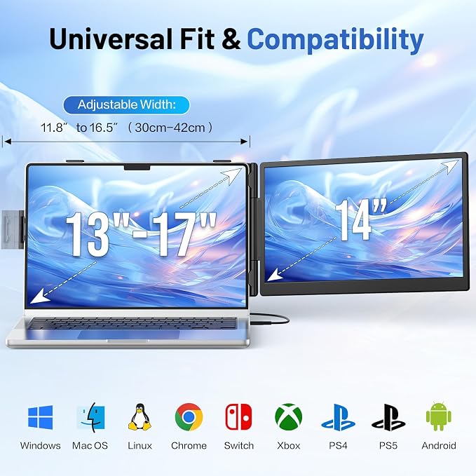 Laptop Screen Extender, 14” FHD 1080P Portable Monitor for Laptop with 100% sRGB, Dual Screen Extender for Laptop 13–17.3”, Plug & Play External Monitor, Business Travel & Home Office