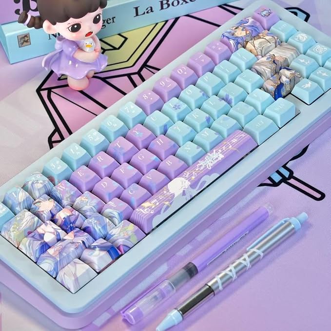 Japanese Anime Keycaps, Cherry Profile PBT Keycap 130 Keys, Blue and Purple Custom Key Cap Dye-Sub Manga Key Caps Set for 60% 65% 75% 100% Gateron Mechanical Keyboard