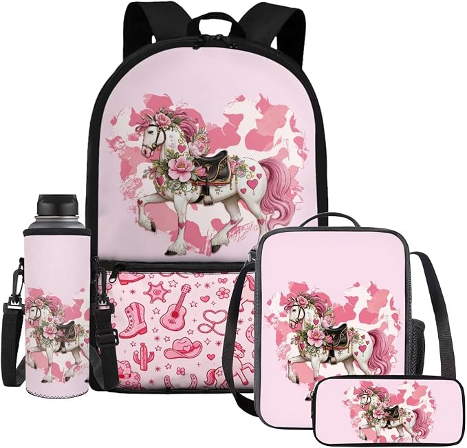 WELLFLYHOM Kids Western Horse School Backpack Elementary Book Bag for Girls | Cowgirl Pink Back Pack with Lunch Bag Pencil Case Water Bottle Cover Kids Daycare Bag Gift for Back to School Season
