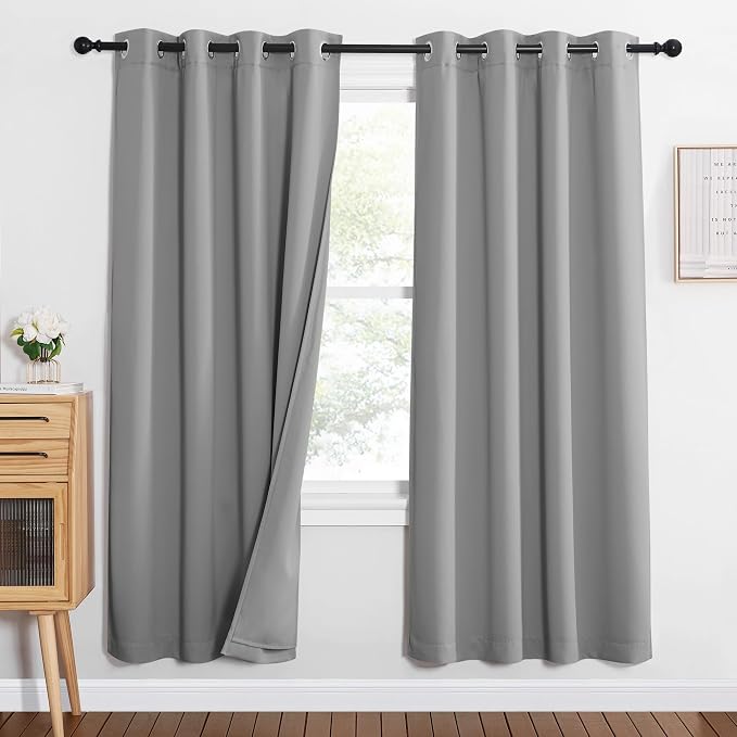 NICETOWN Silver Grey Noise Insulation Curtain Panels, Energy Smart & 100% Blackout Drapes for Dining Room Window, Thermal Insulated Guest Room Lined Window Dressing(2 PCs, 52 x 72 inch)