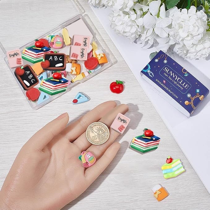 SUNNYCLUE 1 Box 36Pcs 9 Styles Resin Cabochons Teacher's Day Charms Cute Flatback School Study Supplies Mini Ruler Eraser Pencil Notebook Cabochon for Scrapbooking Embellishments DIY Craft Hairpins