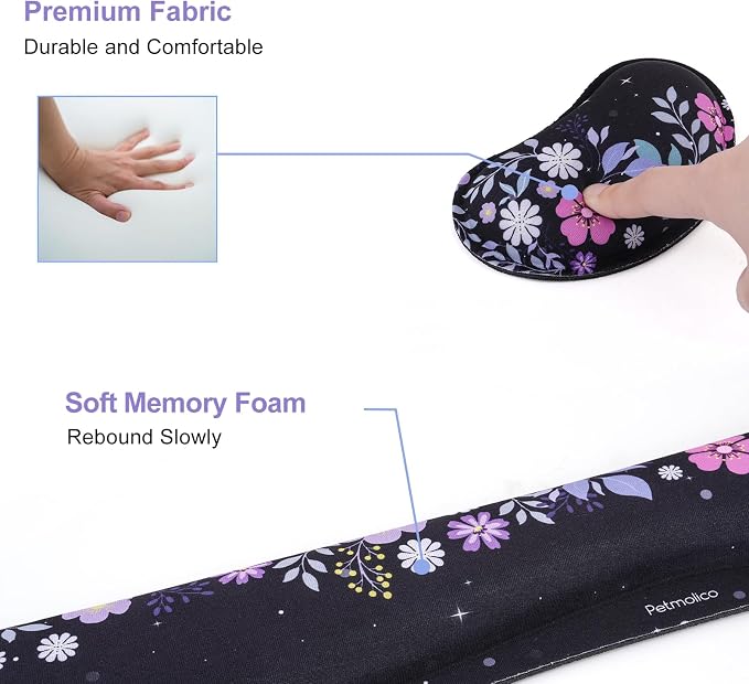 Petmolico Desk Pad Set with Wrist Rest for Keyboard & Mouse, Purple Floral | Anti-slip PU base, durable Lycra & memory foam, relieves wrist fatigue, perfect for work, home & daily use