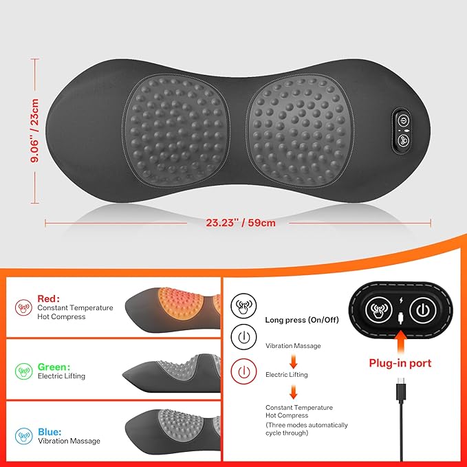 Triple Fusion Back Massager with Heat, Vibration & Air Traction, 3-in-1 Electric Lumbar Support Pillow for Lower Back Pain Relief, Spinal Decompression Device for Bed, Office Chair, Couch and Recliner