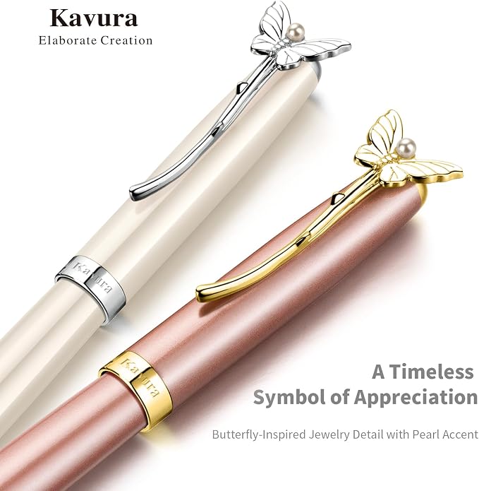 Butterfly & Pearl Rollerball Pen – Elegant Brass Pen Gift Set for Women, Jewelry-Inspired Design, Glossy Finish, with German Refill, Gift for Her, Graduation & New Beginnings (Rose Gold)