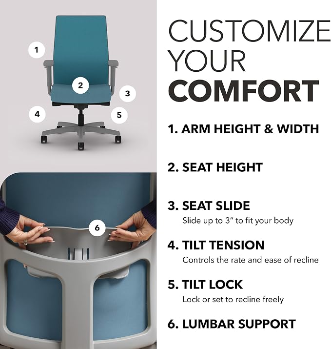 HON Ignition 2.0 Mid‑Back Ergonomic Office Chair, Mesh Task Seating with Lumbar Support, Advanced Synchro‑Tilt, Height and Width Adjustable Arms, Titanium Frame, Sky