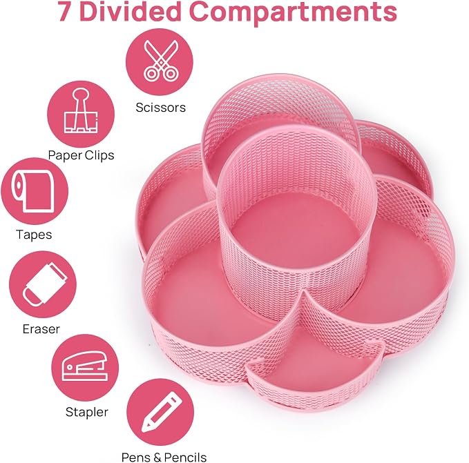 Topwey Pink Rotating Pencil Holder for Desk Office | 360-degree Rotation, 7 Compartments, Metal