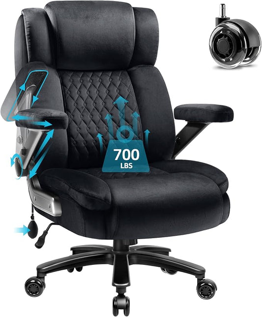 Fabric 700LBS Large Heavy Duty Office Chair with 5D Flip Arms, Big and Tall Cloth Office Chair,High Back Computer Executive Desk Chair with Adjustable Lumbar Support,Dual Rubber Wheel(Black)