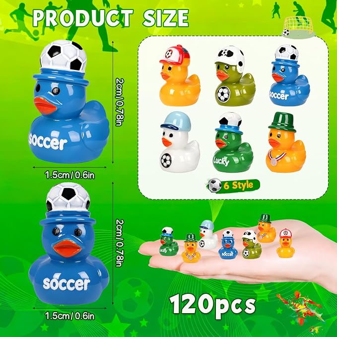 120 Soccer Mini Resin Ducks 6 Styles Bulk Miniature Football Duck Figurines for Soccer Party Favors Team Gifts Goodie Bags Stuffers Tabletop Dollhouse Cake Fairy Garden Micro Landscape Decor