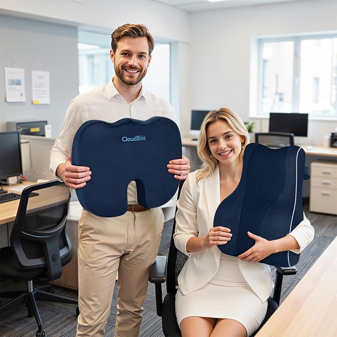 CloudBliss Lumbar Support Pillow, Memory Foam for Office Chair, Blue | Ergonomic High-Density Memory Foam, Adjustable Straps, Washable Mesh Cover, Lower Back Support for Office, Gaming & Car Seat