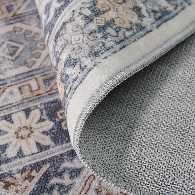3x14 Runner Rug Kitchen Washable:Oriental Indoor Hallway Runners with Non Slip Backing Floor Mat for Entryway Door Low Pile Thin Carpet for Bedroom Bathroom Living Room Bedside (Blue, 3x14)