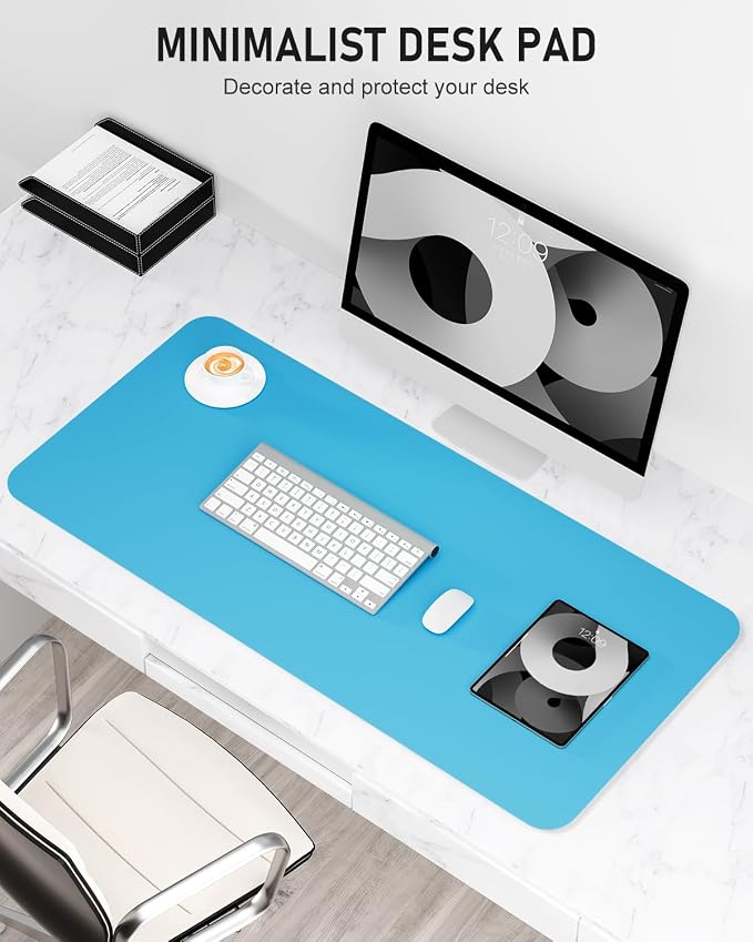 Desk Pad, 35.5" x 17" PU Leather Non-Slip Desk Mat Large Mouse Pad for Desktop, Waterproof Laptop Computer Writing Mat for Office, Home, Work, Gaming, Aqua Blue