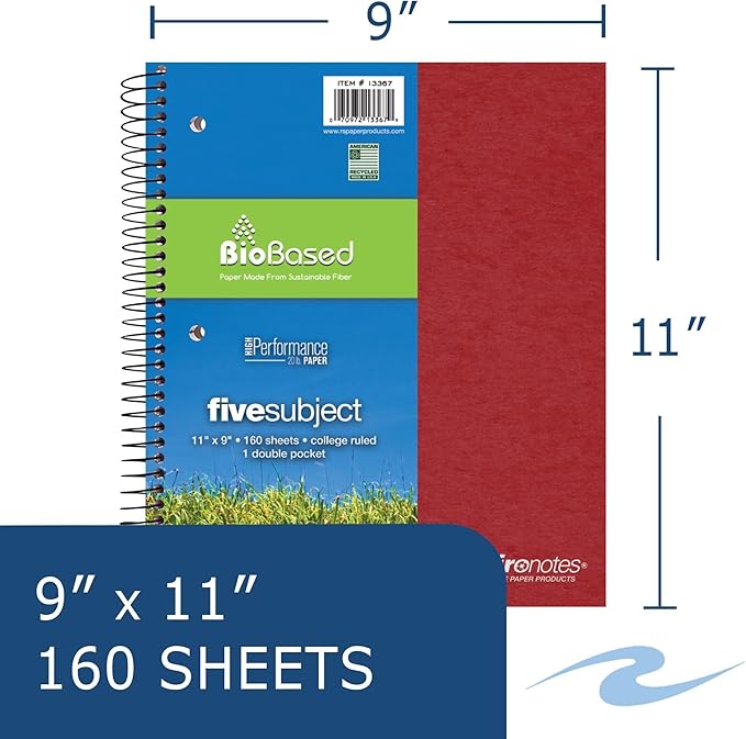 Roaring Spring Environotes Recycled Spiral Notebook, 5 Subject, 12 Pack, 11" x 9", 160 Perforated Sheets, 20 lb Bio-Based Paper, College Ruled w/ Margin, Assorted Earthtone Covers, Double Pocket, 4 Dividers, Made in USA