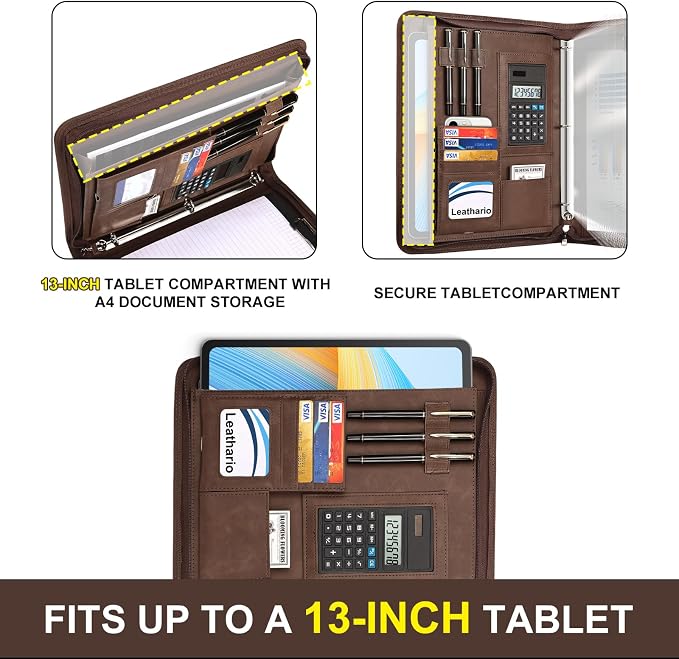 Leathario Portfolio Binder, 3-Ring Folder Organizer, Includes 10 Sheet Protectors and a Pen, Vegan Leather A4 Padfolio for Tablets, Business Conferences Professional Document Organizer