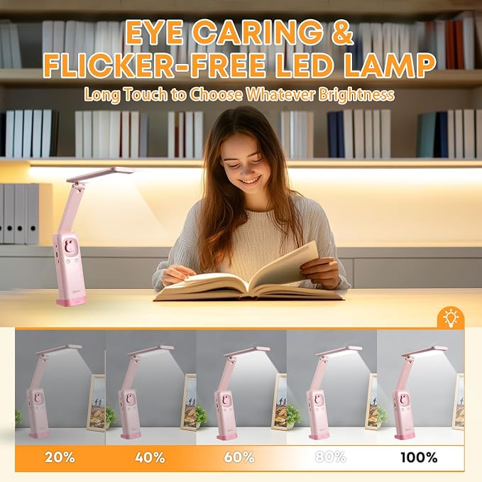 VAVOFO Cute Bunny Desk Lamp, Foldable LED Rechargeable Table Light, Eye-Caring Reading Lamp, 3 Color Modes & Dimmable, for Kids Girls Bedroom Study Dorm Room(Pink)