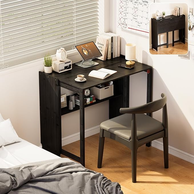 Bamboo Foldable Desk, Folding Desks for Small Spaces, Mid Century Small Computer Desk with Bookshelf for Bedroom Home Office, Black