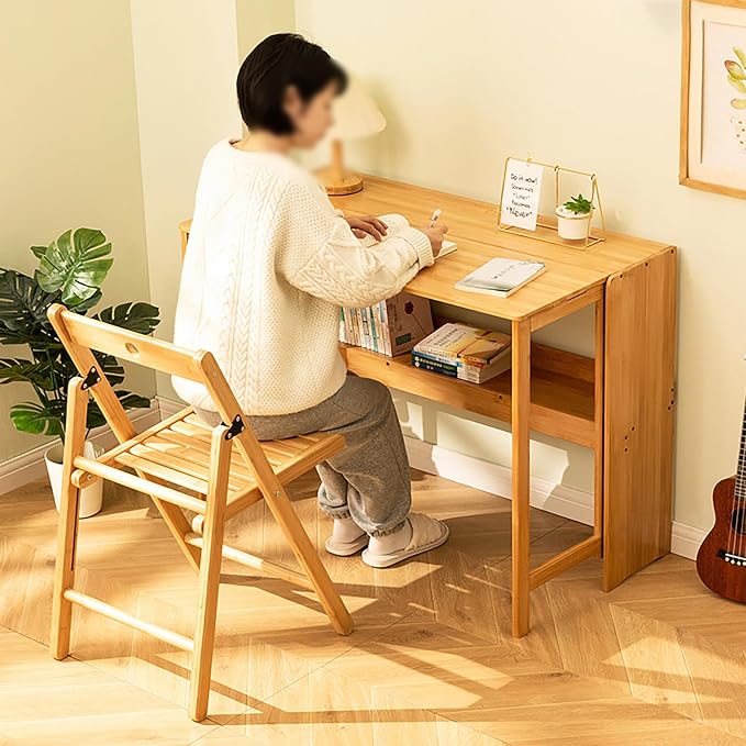 Folding Computer Desk with Bookshelf Bamboo Portable Foldable Table for Writing, Studying, Gaming Folding Desk for Student Office