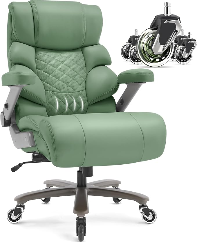 VUZI 700lbs Big and Tall Office Chair, Large Executive Leather Desk Chair | Adjustable Lumbar Support for Back Pain, Plus Size Wheels, 3D Flip Arms, Heavy Duty Metal Base, Wide Seat Computer Chair