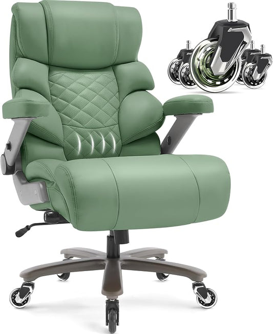 VUZI 700lbs Big and Tall Office Chair, Large Executive Leather Desk Chair | Adjustable Lumbar Support for Back Pain, Plus Size Wheels, 3D Flip Arms, Heavy Duty Metal Base, Wide Seat Computer Chair