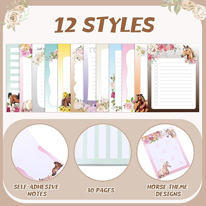 12 Pieces Horse Sticky Notes to Do List Notes Horses Lover Gift for Women, 3x4 Inch Animal Writing Memo Pads Flower 30 Sheet Pads, Animal Self Stick Memo Office Supplies Cute Small Gift