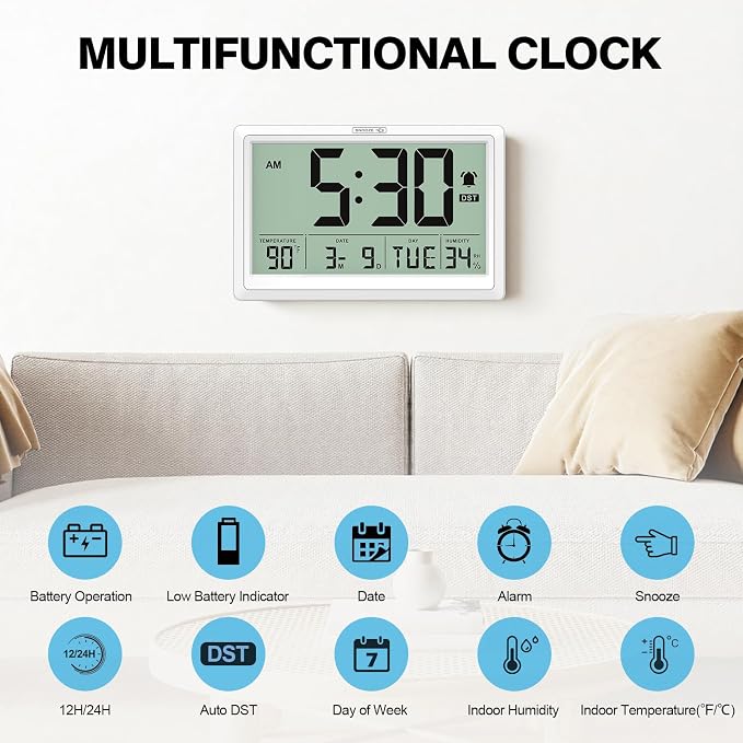 XREXS 10.4 Inch Digital Wall Clock Battery Operated Large Display Clock | Digital Calendar with Indoor Temperature/Humidity/Date/Day, Auto DST for Classroom, Livingroom, Office(No Backlight)(White)