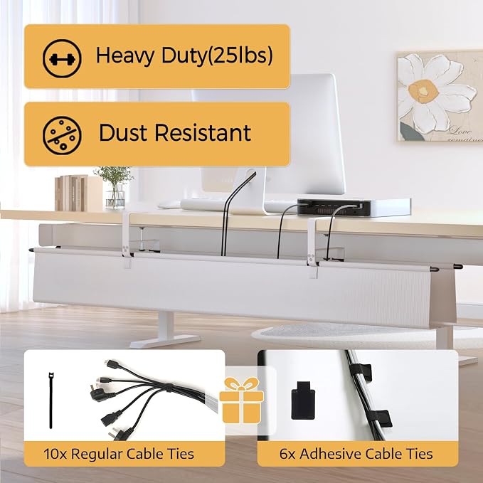 Under Desk Cable Management Tray, 48" Fabric Wire Cord Organizer, White | No Drill Under Table Wire Organizer with 16X Cable Ties for Office/Home, Cord Hider Fit Adapters & Sockets, Clamp/Screw Mount