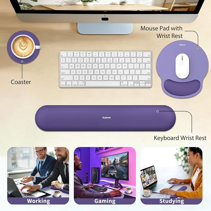 Sushret Mouse Pad and Keyboard Wrist Rest, 3-in-1 Gel Memory Foam Ergonomic Mouse Pad with Wrist Rest Set, Gaming Mousepad Arm Cushion Support for Computer Office Desk Accessories Cute Setup, Purple