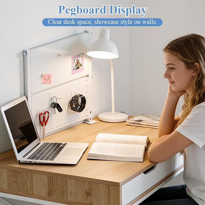 Jumyee 2-Tier Side/Top Clamp On Desk Shelf With Magnetic Pegaboard(White) | Adjustable Desk Pegboard Tray & Magnetic Accessories, No-Drill Clamp On Desk Organizer Pegboard with 6 Hooks