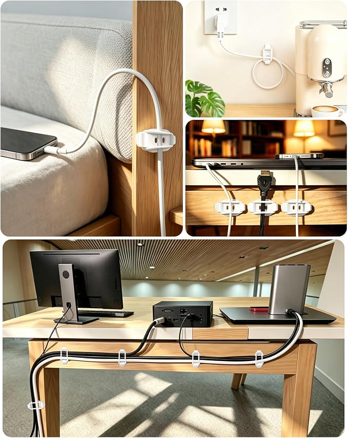 OneLeaf 10-Pack Adjustable Elastic Cable Clips, Cable Management, White | Self-Adhesive, Cord Organizer, For Office, Home, Car, Under Desk, Behind TV, Nightstand, For Charger, HDMI, PC, Decoration
