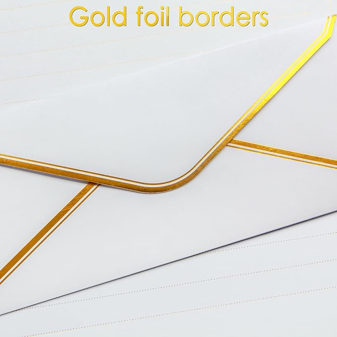 J6&H6 Gold Thread Stationary Paper and Envelopes Set Including 12 Standard Sized Phnom Penh Envelopes and 24 Sheets of Lined Paper Suitable for Daily Emotional Expression Formal Communication(White)