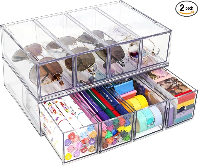 Desk Organizer with 8 Drawers, 2-Pack Stackable Desktop Storage Box | Clear Sunglasses Organizer, Display Case, Removable Drawers, For Stationery, Markers, Pens, Eyeglasses, Office Supply