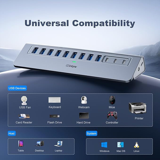 YH9AC Powered USB Hub 10Gbps, intpw 12-Port USB Splitter with USB A/USB C 3.2, 4 USB 3.0, 2 PD 45W Charging Ports, 65W Power Adapter + 3.3FT Cable, Aluminum USB Extender Hub for Laptop/PC/iPhone 16/15