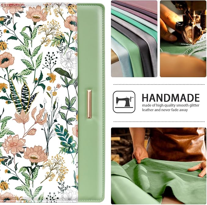 Padfolio/Resume Portfolio Folder for Women, WAVEYU Cute Flower Padfolio Cover Folder, Conference/Legal Document Organizer with Letter/A4 Size Clipboard, Document Sleeve, Green
