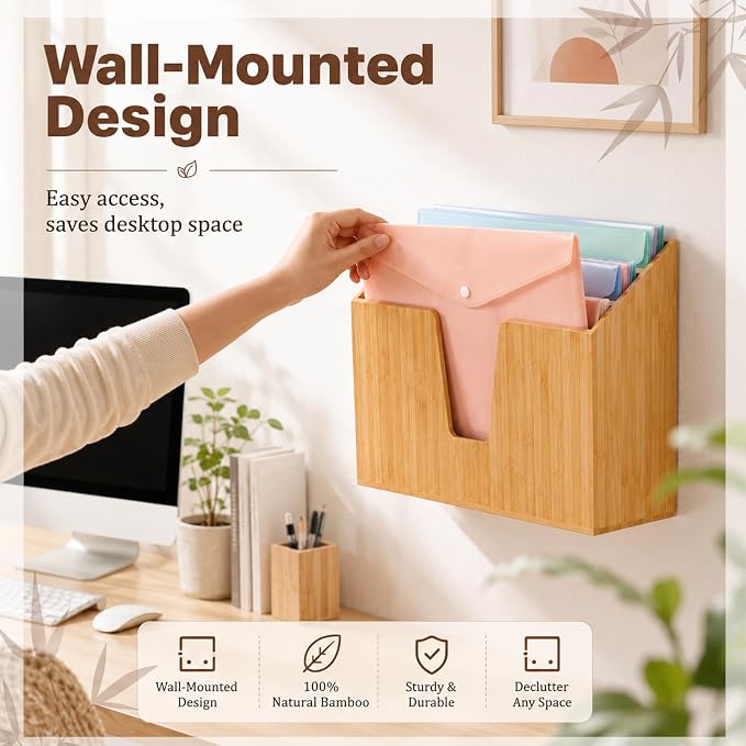 Suzile Bamboo Wall Mounted File Folder Holder Organizer, 3-tier Vertical File Organizer Wooden Sorter Rack for Office, Home, Desktop, Desk Letter Mail Document Storage, 13" x 4.5" x 11.5"