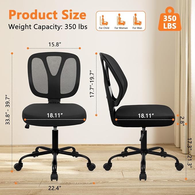 CLATINA Armless Home Office Chair, 360° Swivel Rolling Desk Chair with Lumbar Support and Wheels, Adjustable Height Mesh Back Small Ergonomic Computer Task Chair for Conference Waiting, Black(6 Pack)