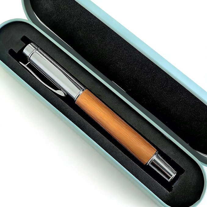 Brushed Metal Golden Rollerball Pen - 0.5mm Fine Point Executive Writing Pen for Men & Women, Professional Signature Pen for Business Office & Journaling with Metal Box