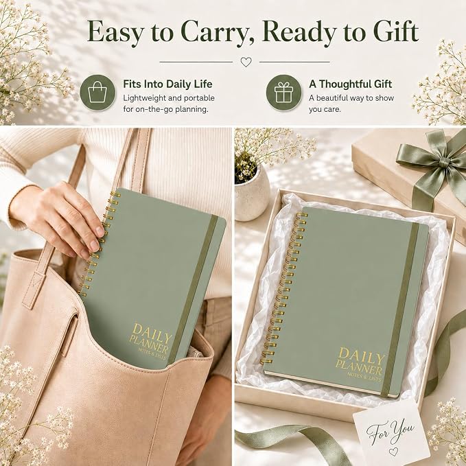 Daily Planner Undated - Simplified To Do List Notebook with Hourly Schedules, Spiral Appointment Organizer, 5.5" x 8.5", Easily Manage Your Tasks and Productivity - Green