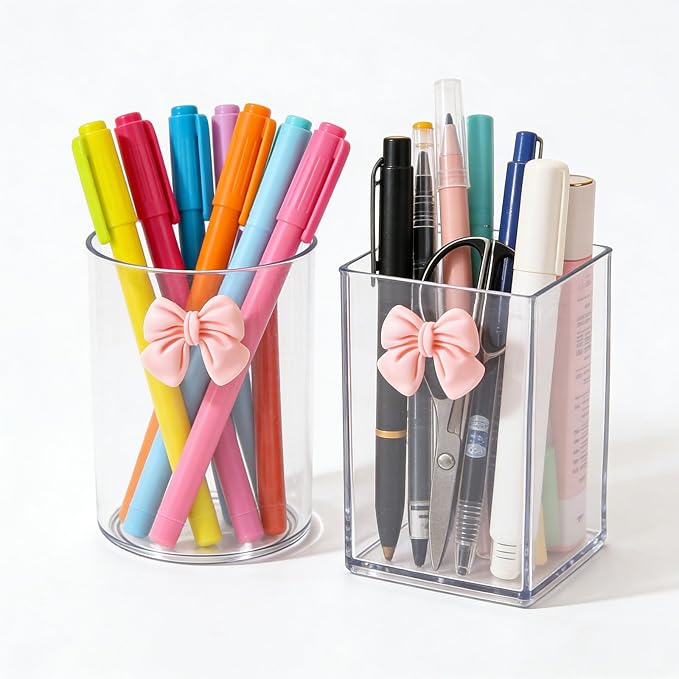 2 Pack Pen Pencil Holder for Desk, Acrylic Desk Organizer with Bow Clear Makeup Brush Holder Cup Desktop Stationery for Office School (Transparent)