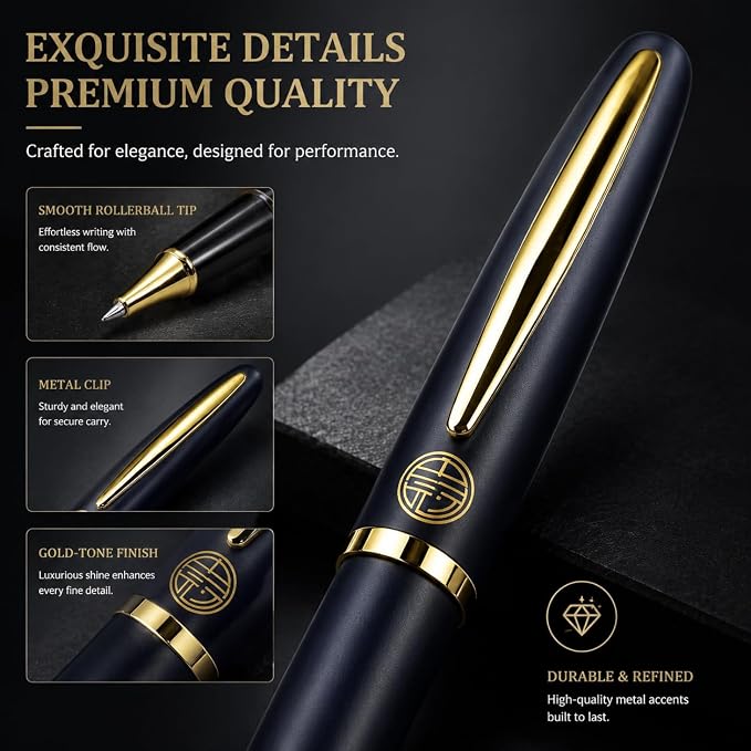 Luxury Gold Rollerball Pen, 24K gold-plated exquisite pen body, stylish and simple design, two ink refills, gift set for men and women, executive writing, office, graduation gift (Blue)