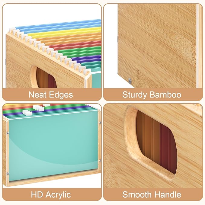 Letter/Legal Bamboo Acrylic File Box Organizer, Hanging File Folder Storage Boxes, Decorative Document Crate Transparent Filing Bin with Handle for Home Office Desk