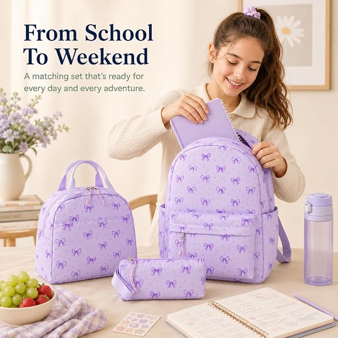 Bluboon Teen Girls School Backpack Kids Bookbag Set with Lunch Box Pencil Case Travel Laptop Backpack Casual Daypacks (Beige bow tie)
