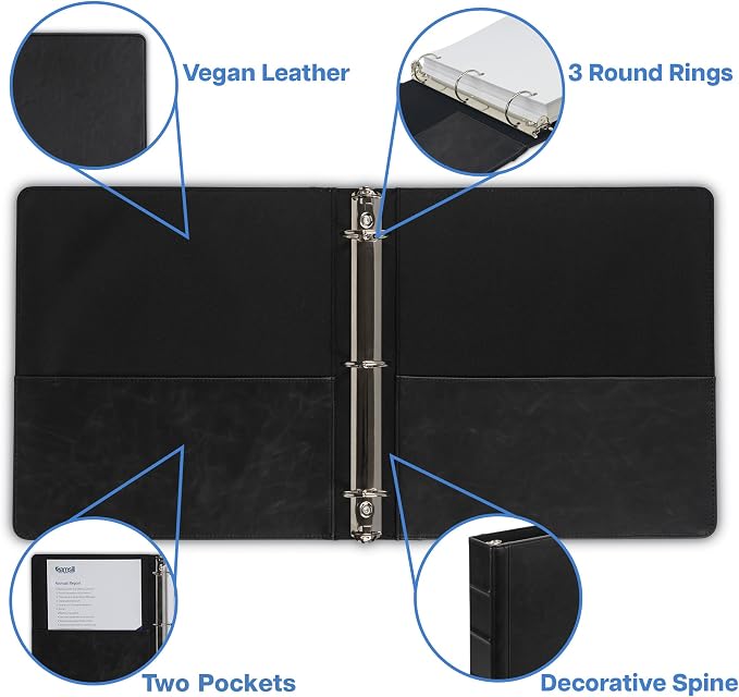 Samsill Vintage Faux Leather 3 Ring Binder, 1.5 Inch Round Ring, Full Size Binder for 8.5 x 11 Letter Size Paper, Professional Organizer with Interior Pockets, No Zipper, Black